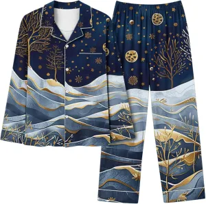 2 Piece Printed Lounge Sets for Women Long Sleeve Button Down Tops and Long Pants Soft Comfy Pajamas Set Outfits