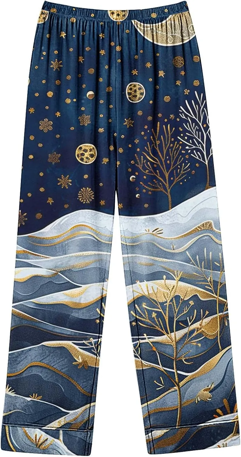 2 Piece Printed Lounge Sets for Women Long Sleeve Button Down Tops and Long Pants Soft Comfy Pajamas Set Outfits