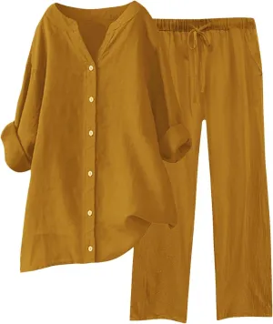 2 Piece Sets for Women 2025 Sleeve Shirt Tops Pockets Pants Shirt Trousers Set Casual Sweatsuits Short Sleeve Tracksuit