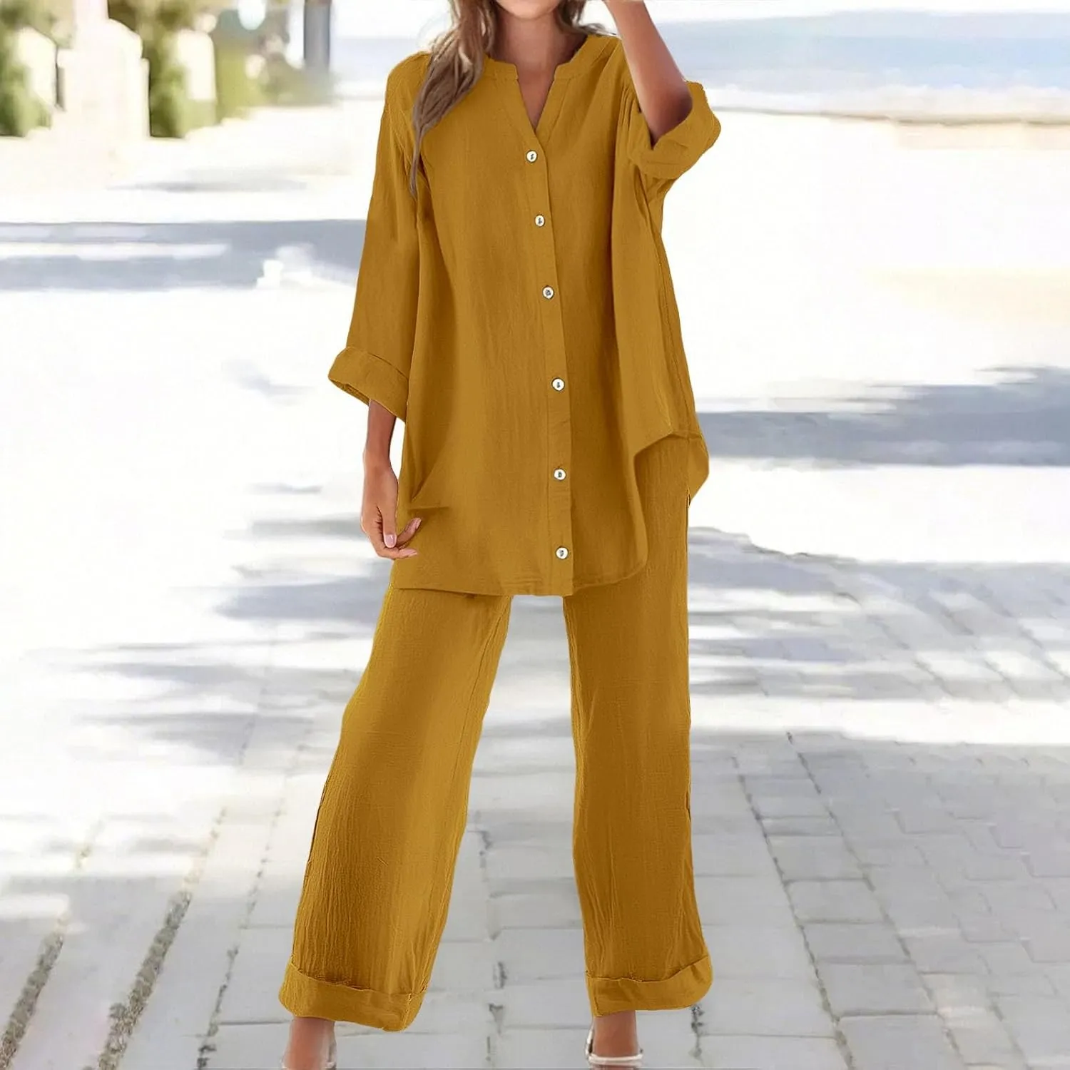 2 Piece Sets for Women 2025 Sleeve Shirt Tops Pockets Pants Shirt Trousers Set Casual Sweatsuits Short Sleeve Tracksuit