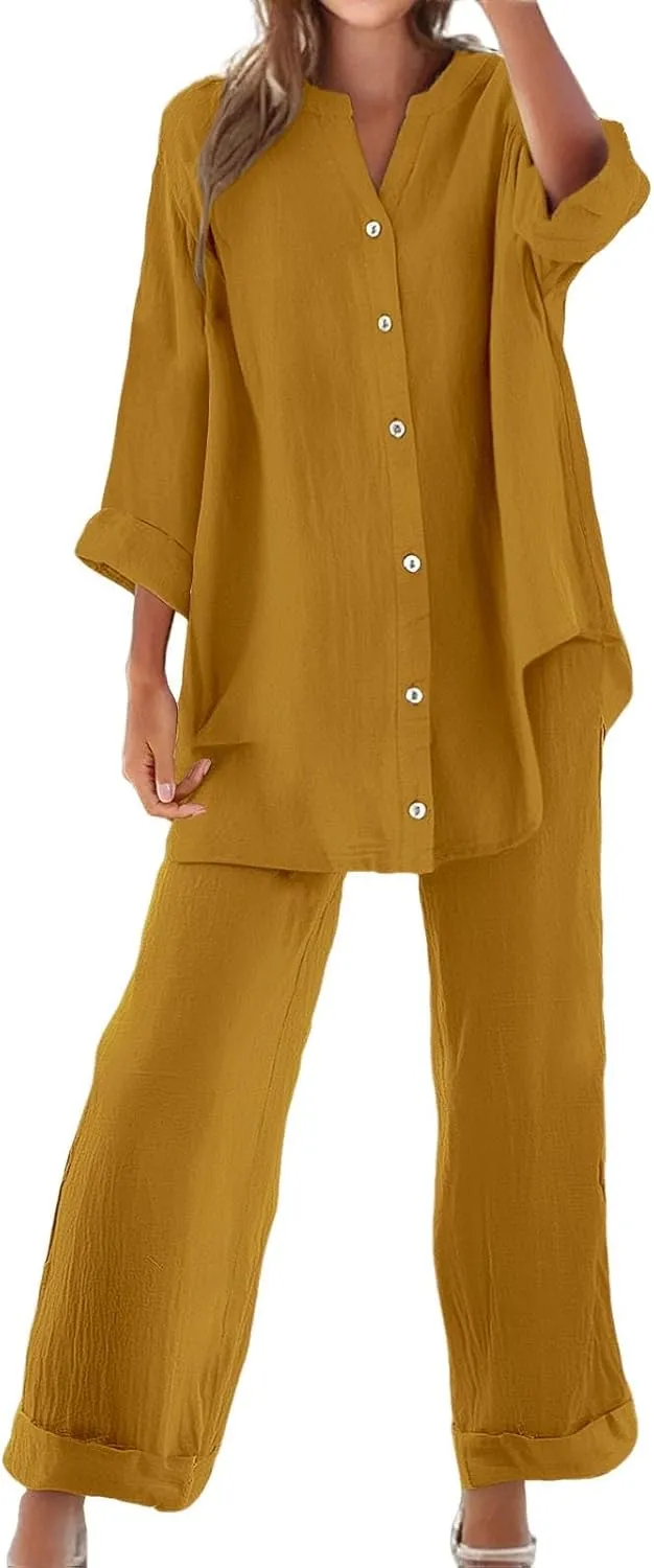 2 Piece Sets for Women 2025 Sleeve Shirt Tops Pockets Pants Shirt Trousers Set Casual Sweatsuits Short Sleeve Tracksuit