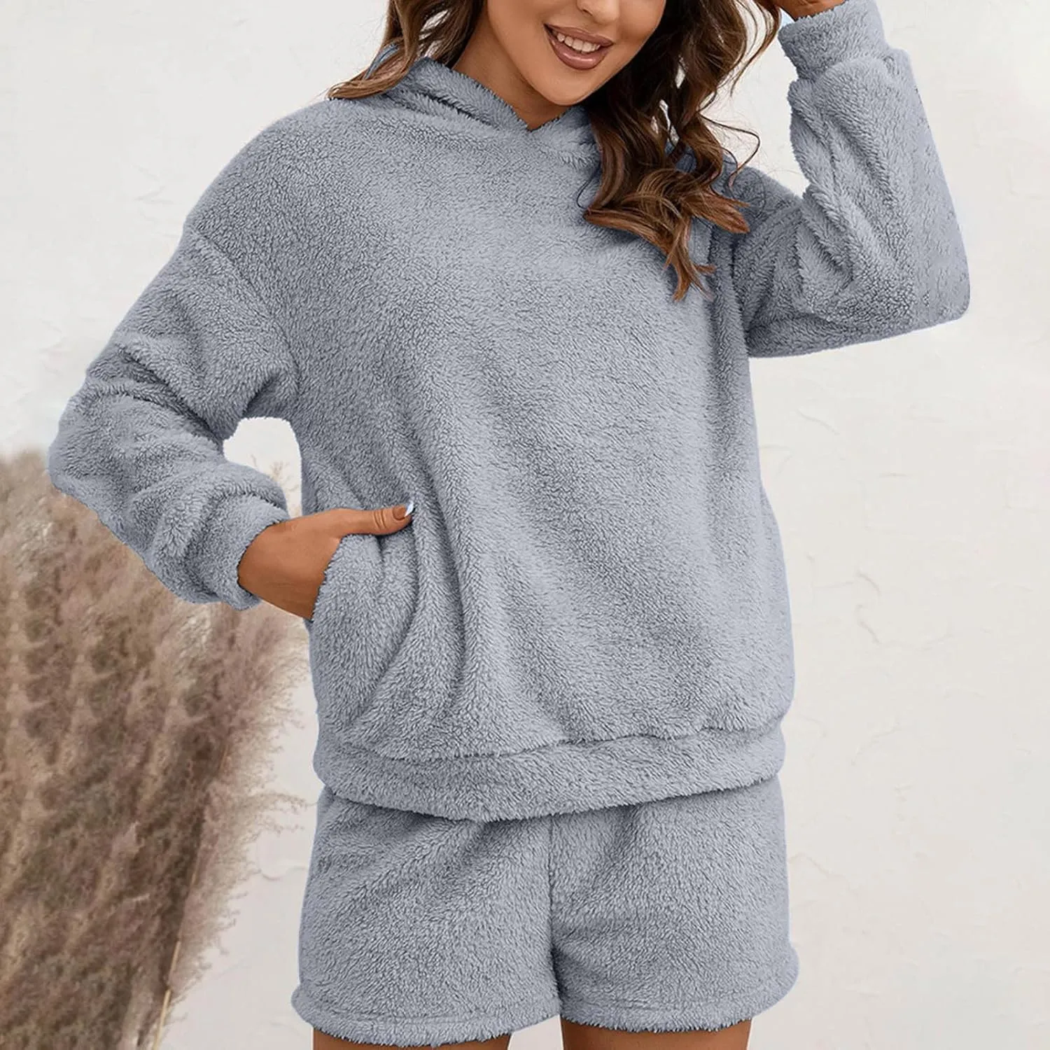 2 Piece Sets for Women Fuzzy Fleece Long Sleeve Sherpa Sweatshirt Hooded Sets Pajama Shorts Fleece Lounge Short Pants