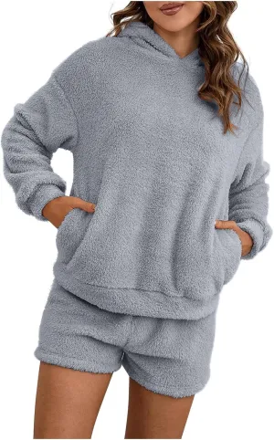 2 Piece Sets for Women Fuzzy Fleece Long Sleeve Sherpa Sweatshirt Hooded Sets Pajama Shorts Fleece Lounge Short Pants