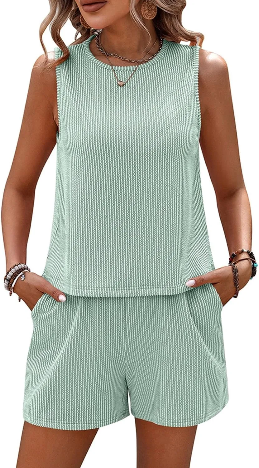 2 Piece Sets for Women Shorts Casual Sleeveless Ribbed Knit Tank Tops Summer Outfits Workout Tracksuits with Pockets