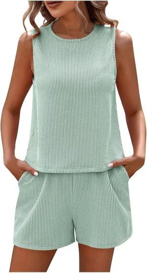 2 Piece Sets for Women Shorts Casual Sleeveless Ribbed Knit Tank Tops Summer Outfits Workout Tracksuits with Pockets