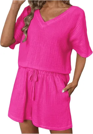2 Piece Sets for Women Shorts Sweatsuit Outfits Short Sleeve V Neck T Shirts Drawstring Matching Set with Pockets