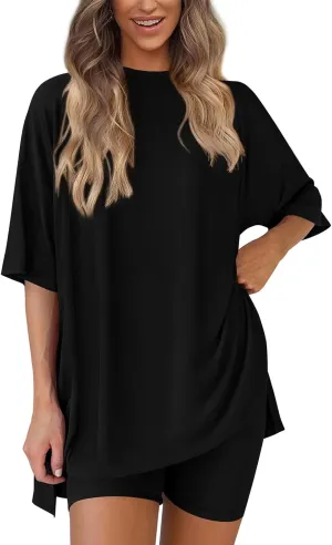 2 Piece Sets for Women Summer Outfits Casual Oversized T Shirts Biker Shorts Workout Sports Tracksuit Loungewear Sets