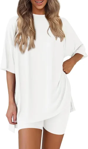 2 Piece Sets for Women Summer Outfits Casual Oversized T Shirts Biker Shorts Workout Sports Tracksuit Loungewear Sets