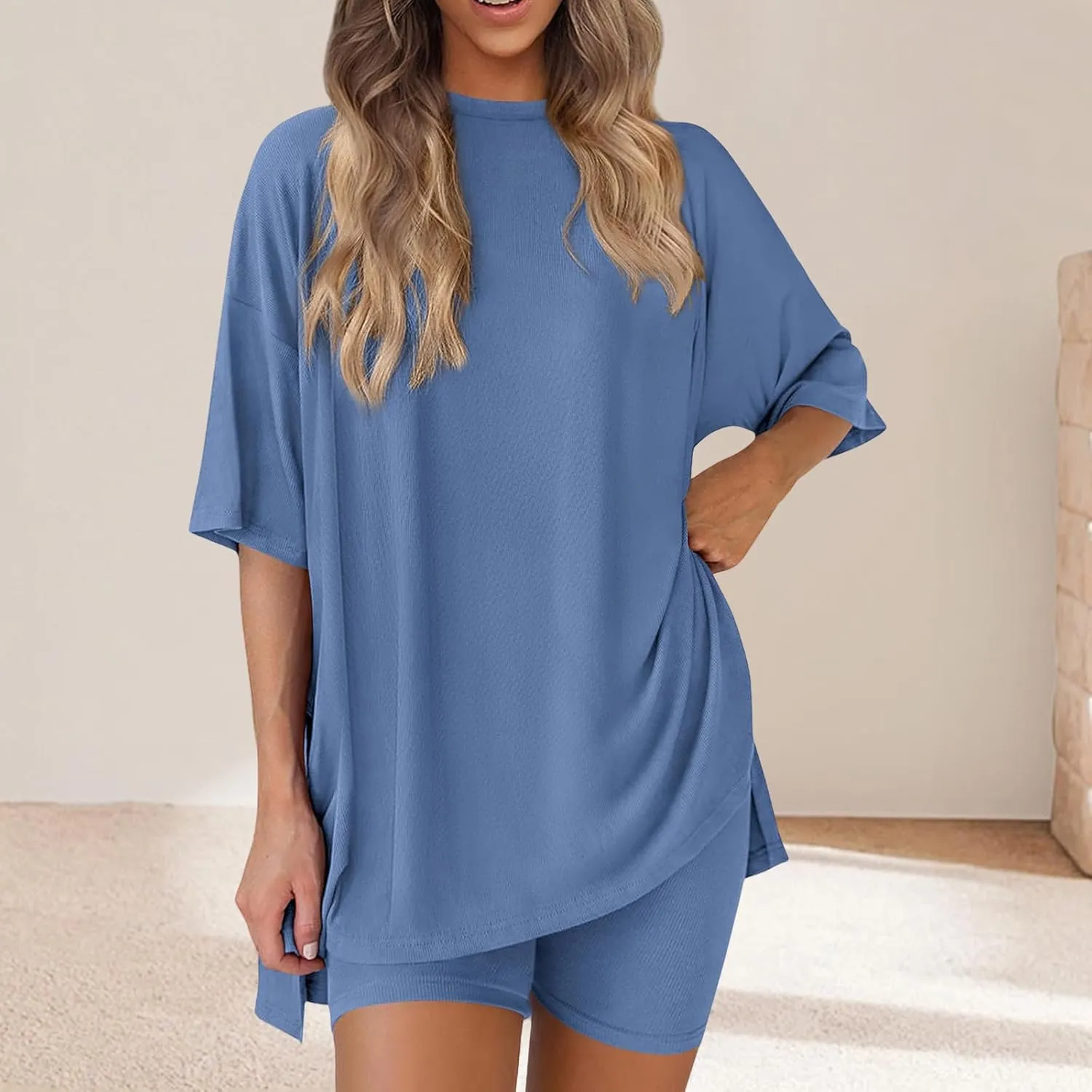 2 Piece Sets for Women Summer Outfits Casual Oversized T Shirts Biker Shorts Workout Sports Tracksuit Loungewear Sets