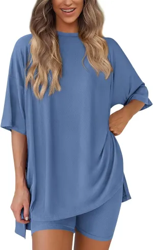 2 Piece Sets for Women Summer Outfits Casual Oversized T Shirts Biker Shorts Workout Sports Tracksuit Loungewear Sets