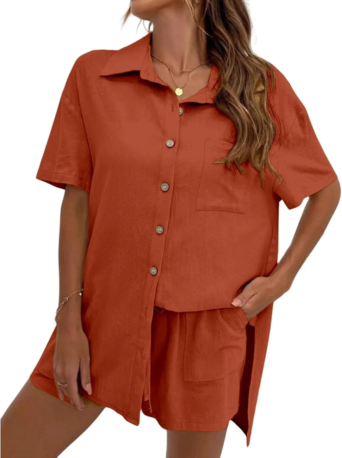 2 Piece Short Sets for Women Summer Casual Lapel Button Down Short Sleeve Shirts Drawstring Shorts Outfits Tracksuit