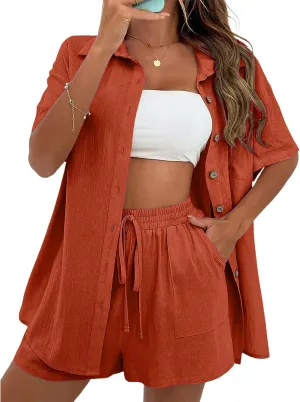 2 Piece Short Sets for Women Summer Casual Lapel Button Down Short Sleeve Shirts Drawstring Shorts Outfits Tracksuit