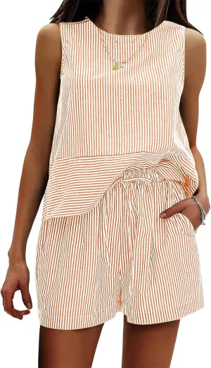 2 Piece Short Sets for Women Summer Striped Crewneck Sleeveless Tops Drawstring Shorts Outfit Casual Loose Tracksuit