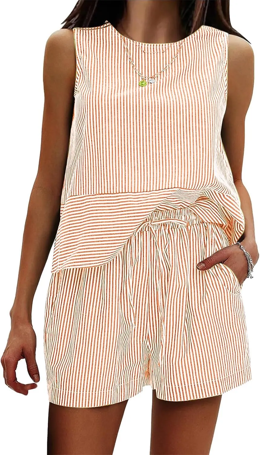 2 Piece Short Sets for Women Summer Striped Crewneck Sleeveless Tops Drawstring Shorts Outfit Casual Loose Tracksuit