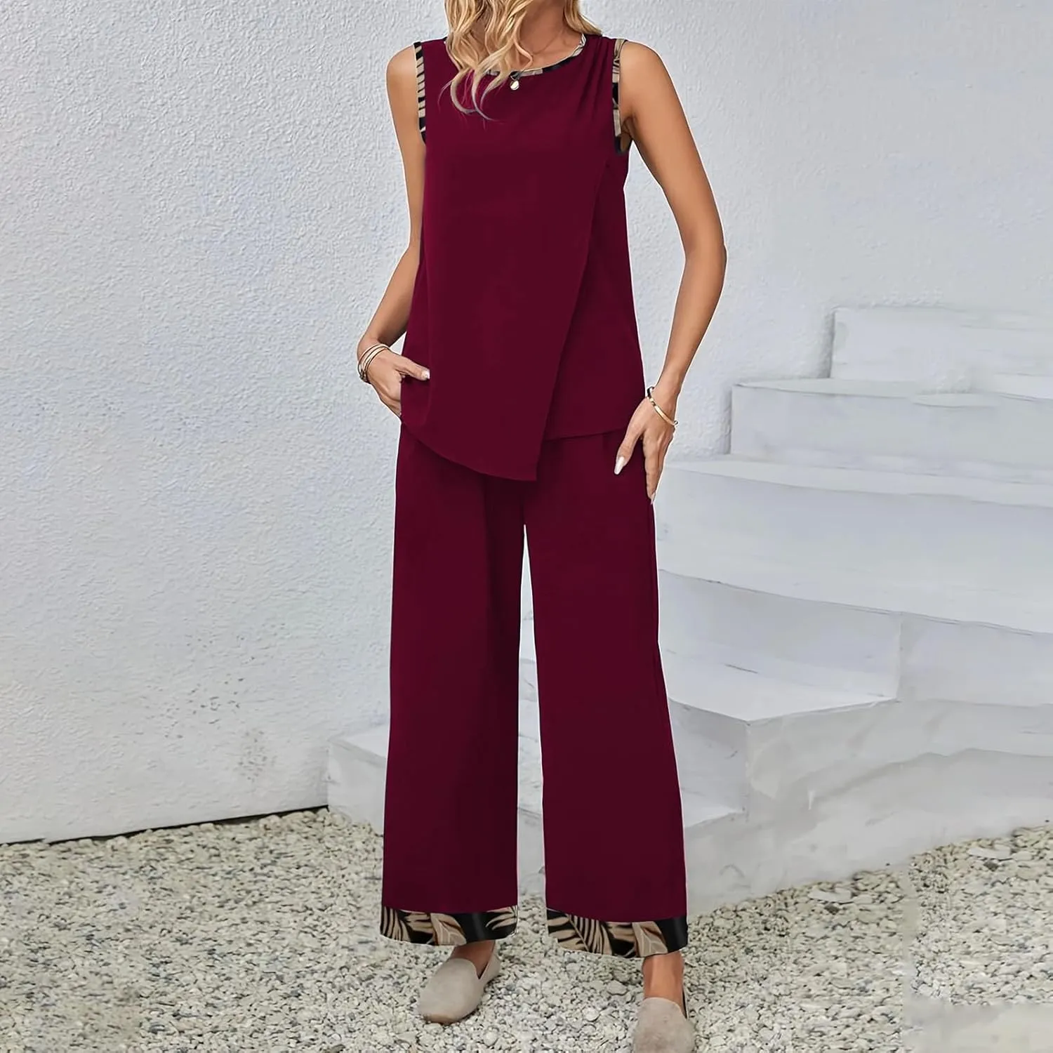 2 Piece Summer Outfits Women Cotton Linen Casual Sleeveless Irregular Tank Tops Sets Loose Flowy Wide Leg Pants Suits