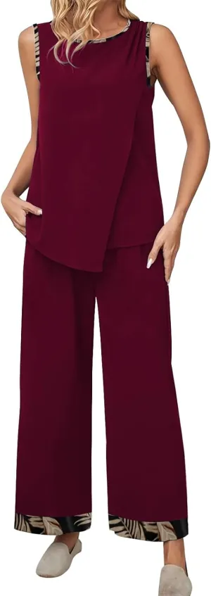 2 Piece Summer Outfits Women Cotton Linen Casual Sleeveless Irregular Tank Tops Sets Loose Flowy Wide Leg Pants Suits