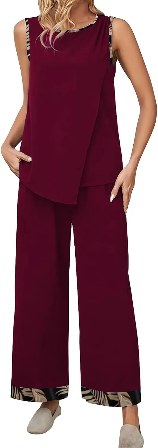 2 Piece Summer Outfits Women Cotton Linen Casual Sleeveless Irregular Tank Tops Sets Loose Flowy Wide Leg Pants Suits