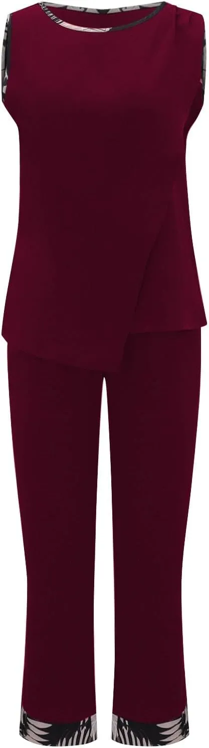 2 Piece Summer Outfits Women Cotton Linen Casual Sleeveless Irregular Tank Tops Sets Loose Flowy Wide Leg Pants Suits