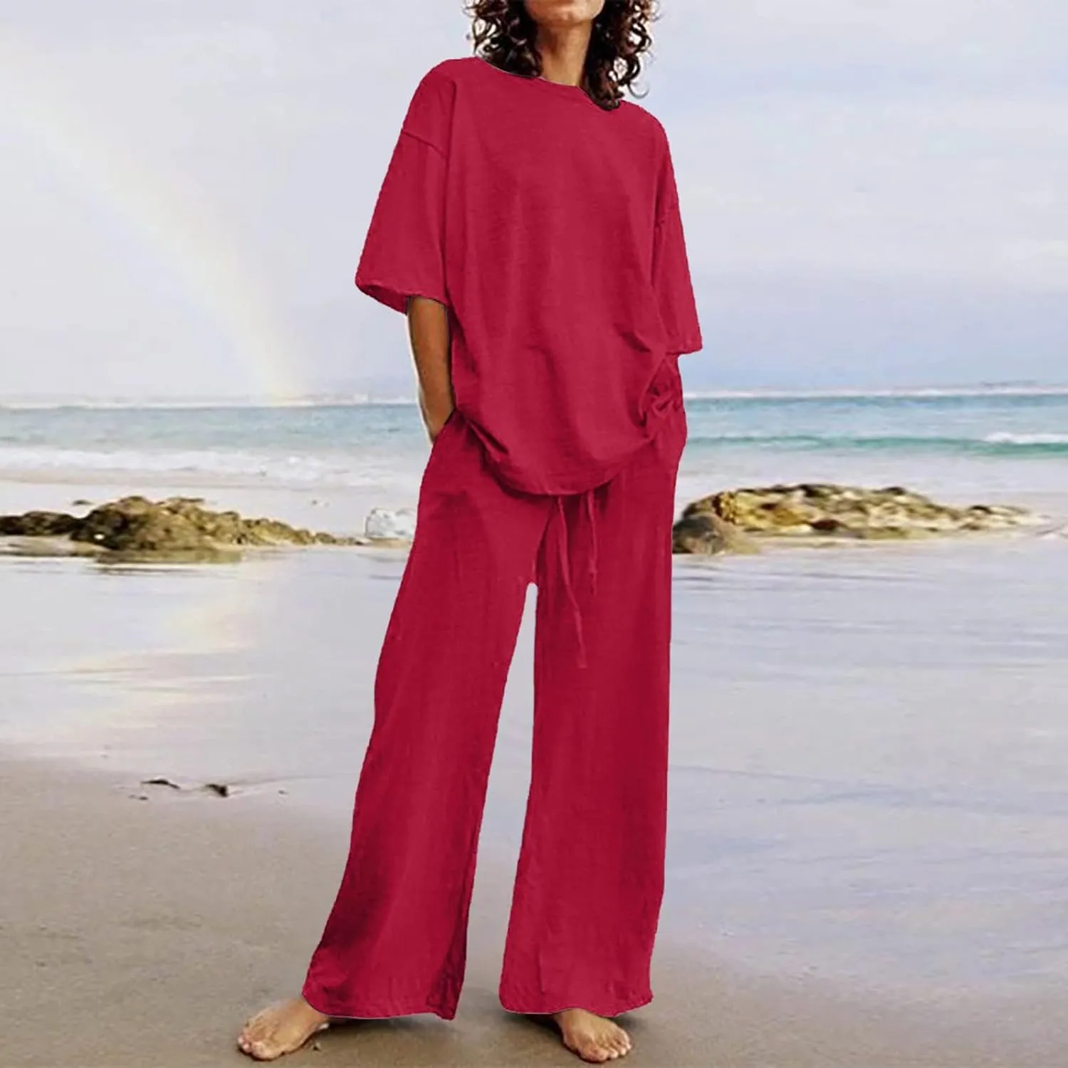 2 Piece Summer Sets for Women Oversized Cotton Linen T-Shirts Straight Leg Palazzo Pants Matching Set Tracksuit