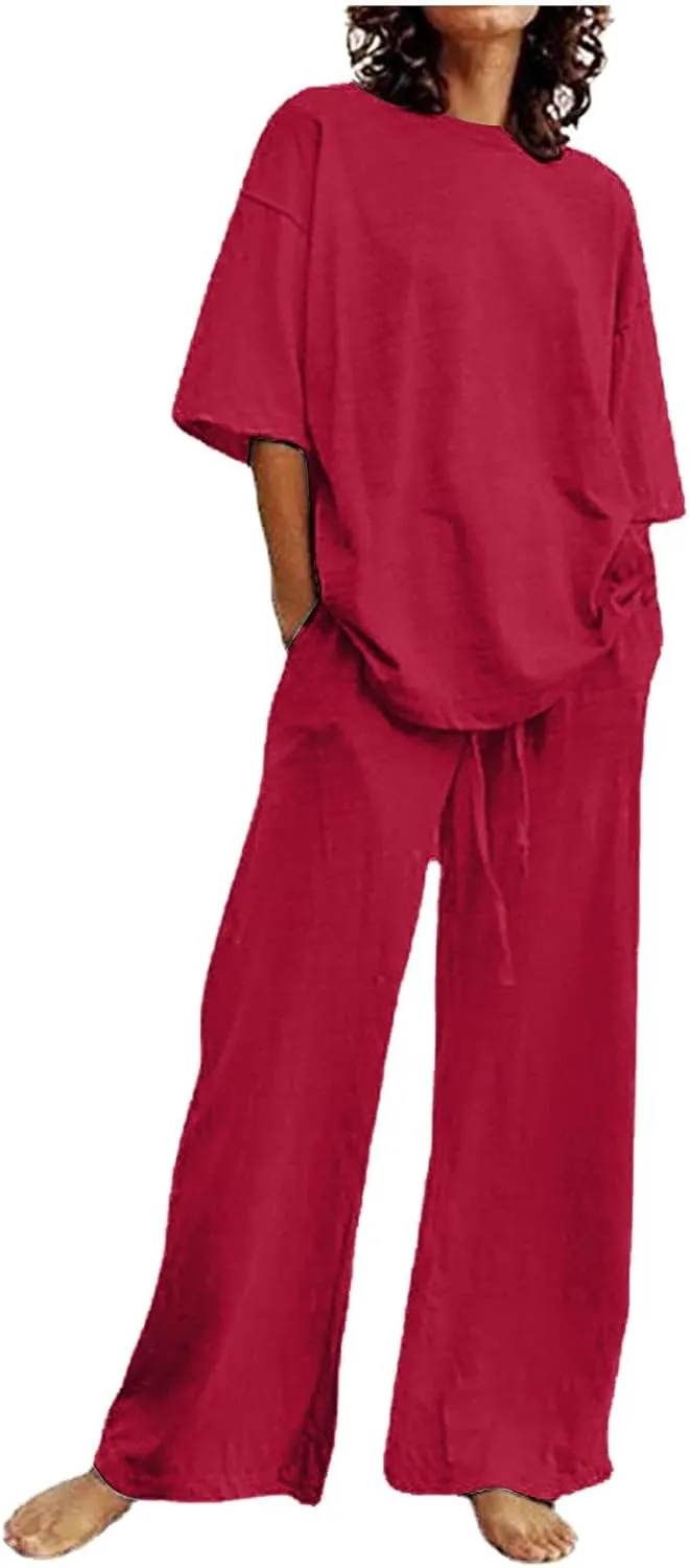 2 Piece Summer Sets for Women Oversized Cotton Linen T-Shirts Straight Leg Palazzo Pants Matching Set Tracksuit