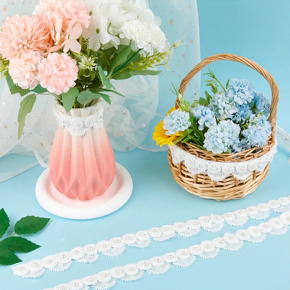 2.7~3 Yards Polyester Lace Trim, Flower Lace Ribbon with Imitation Pearl Beads, White, 1-1/4 inch(31mm)