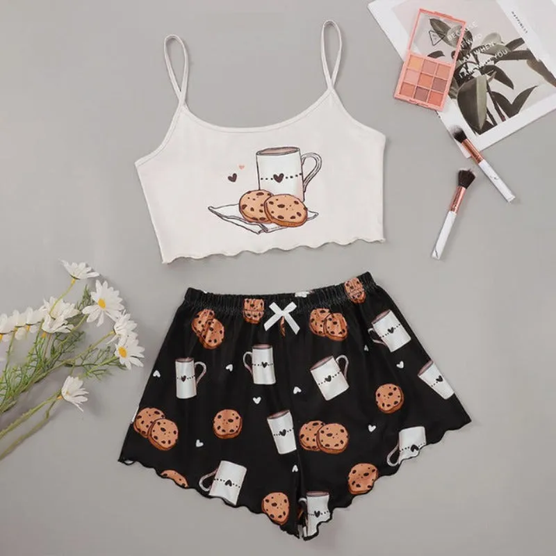 2pc Ladies Pajamas Cartoon Printed Shorts