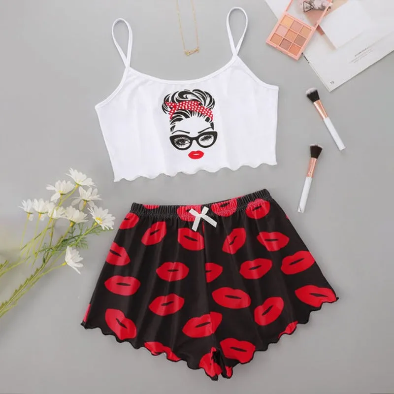 2pc Ladies Pajamas Cartoon Printed Shorts