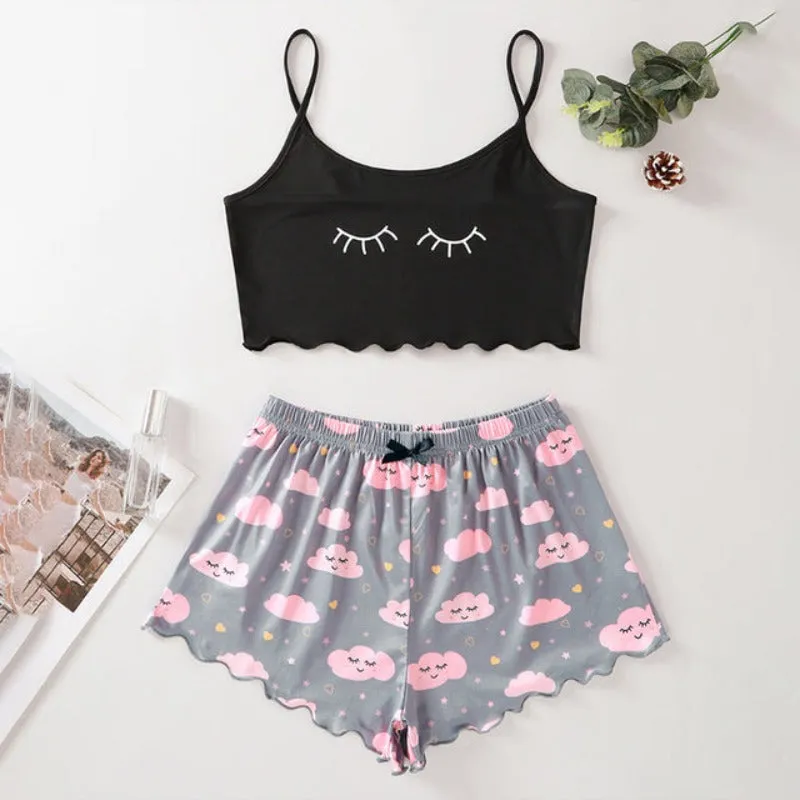 2pc Ladies Pajamas Cartoon Printed Shorts