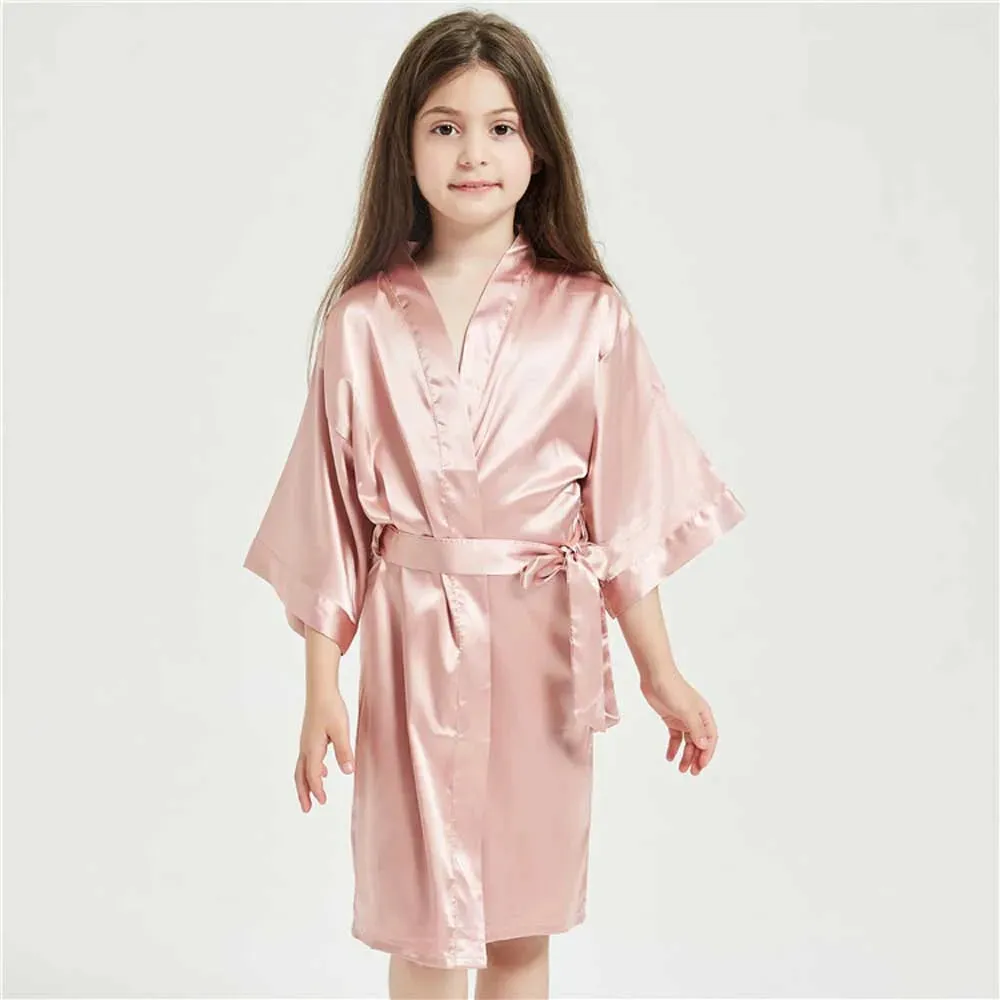 3-13Y Boy Girl Bathrobe Pink Satin Silk Kids Robes Summer Sleepwear Children's Kimono Bath Towel Robe Wedding Spa Party Birthday