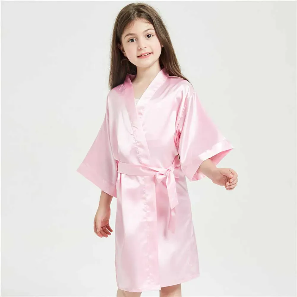 3-13Y Boy Girl Bathrobe Pink Satin Silk Kids Robes Summer Sleepwear Children's Kimono Bath Towel Robe Wedding Spa Party Birthday