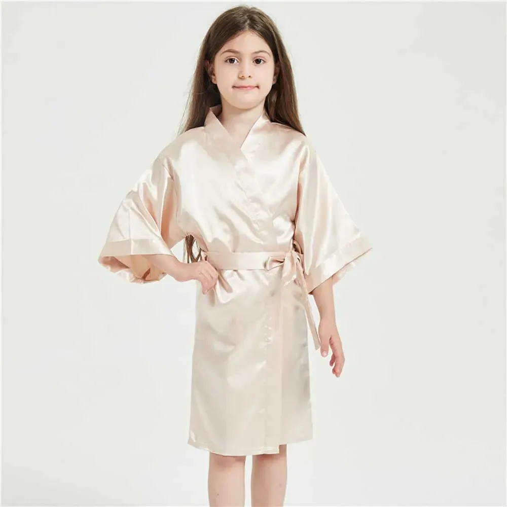 3-13Y Boy Girl Bathrobe Pink Satin Silk Kids Robes Summer Sleepwear Children's Kimono Bath Towel Robe Wedding Spa Party Birthday