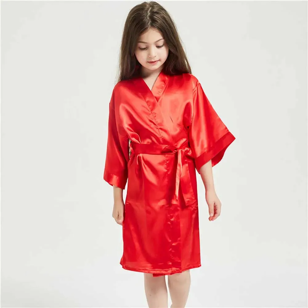 3-13Y Boy Girl Bathrobe Pink Satin Silk Kids Robes Summer Sleepwear Children's Kimono Bath Towel Robe Wedding Spa Party Birthday