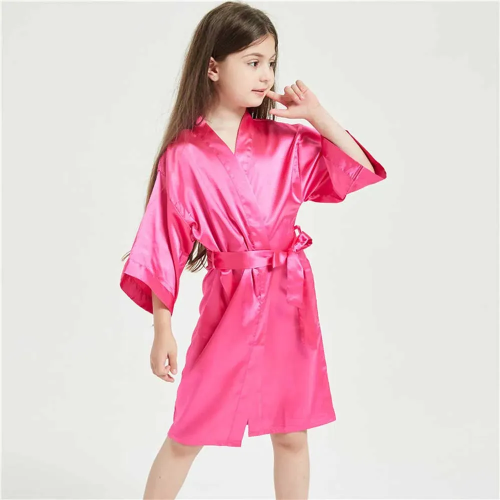 3-13Y Boy Girl Bathrobe Pink Satin Silk Kids Robes Summer Sleepwear Children's Kimono Bath Towel Robe Wedding Spa Party Birthday