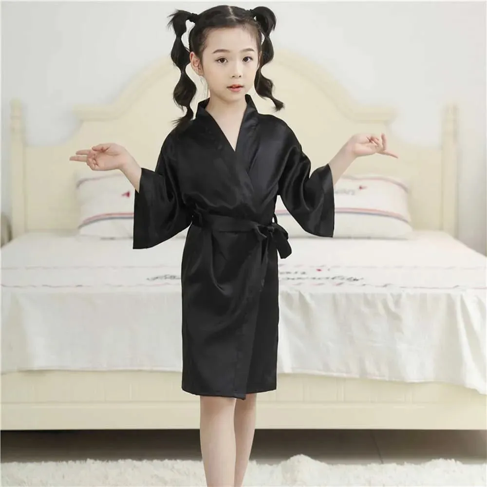 3-13Y Boy Girl Bathrobe Pink Satin Silk Kids Robes Summer Sleepwear Children's Kimono Bath Towel Robe Wedding Spa Party Birthday