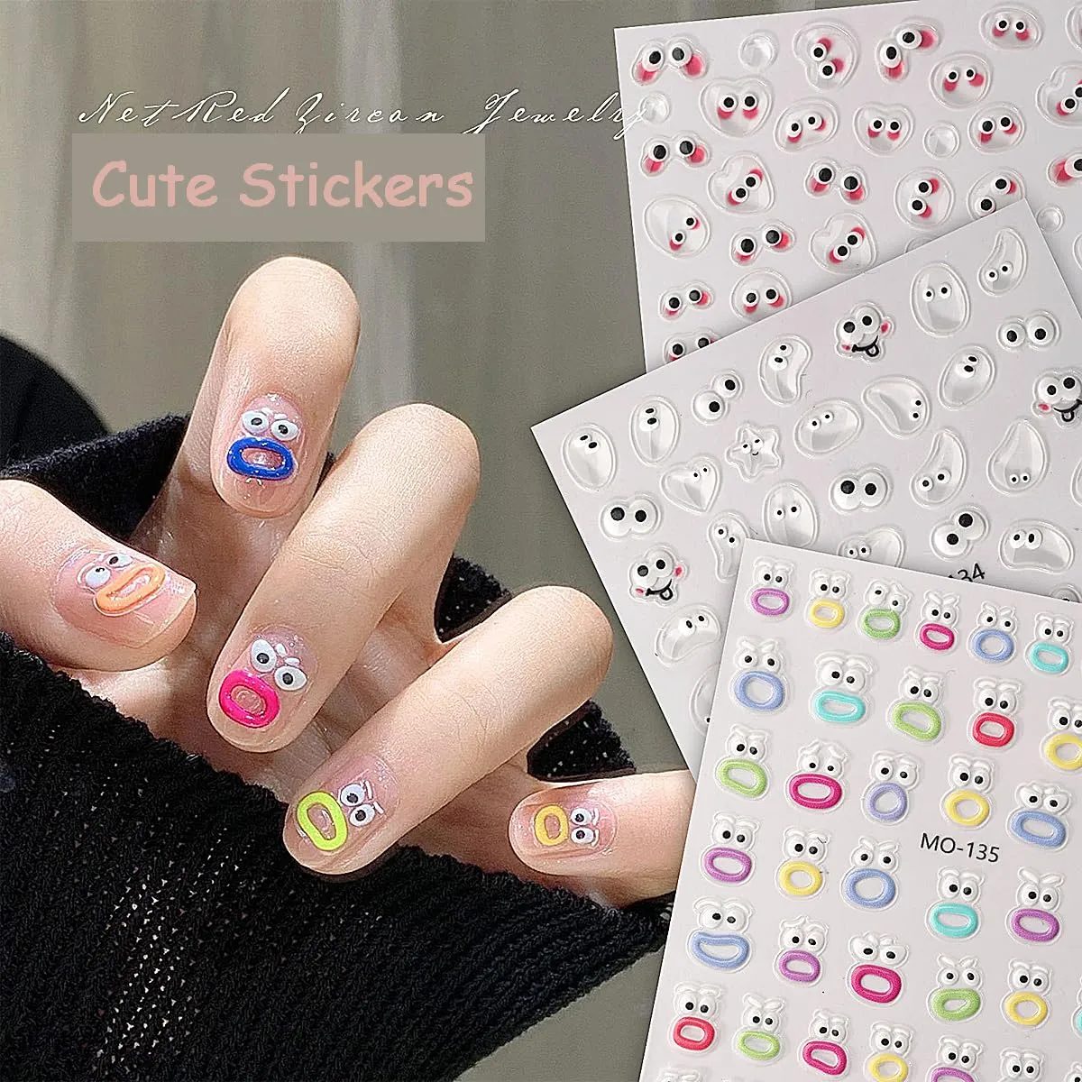 3 Sheets Cute Nail Stickers Nail Stickers Kawaii Anime 5d Nail Decals Cute Big Mouth Cartoon Small Nail Stickers for Nail Art DIY Nail Decorations for Women and Girls Nail Accessories