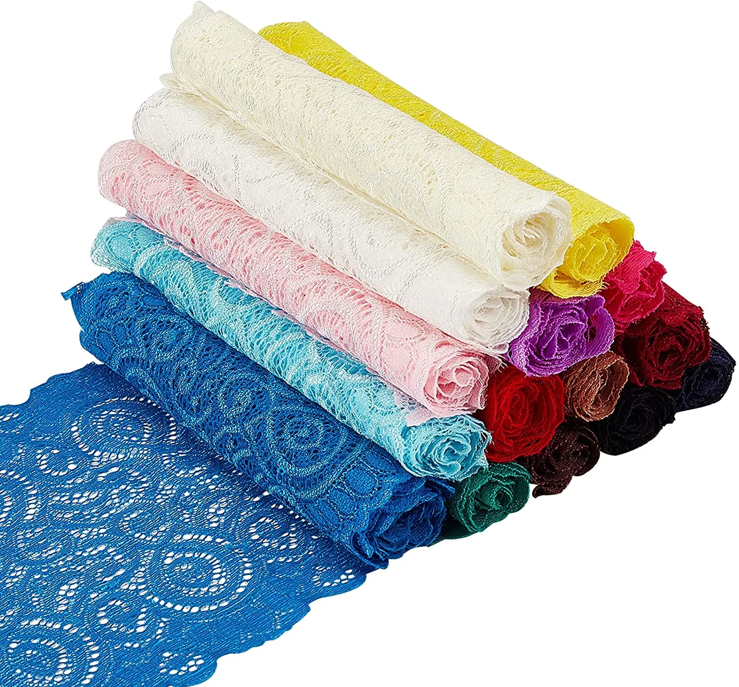 35 Yards 6.8 Wide Fabric Lace Ribbon Elastic Lace Trim for Headbands Garters Wedding Bouquet Making - 15 Colors, 1 Yard Per Color