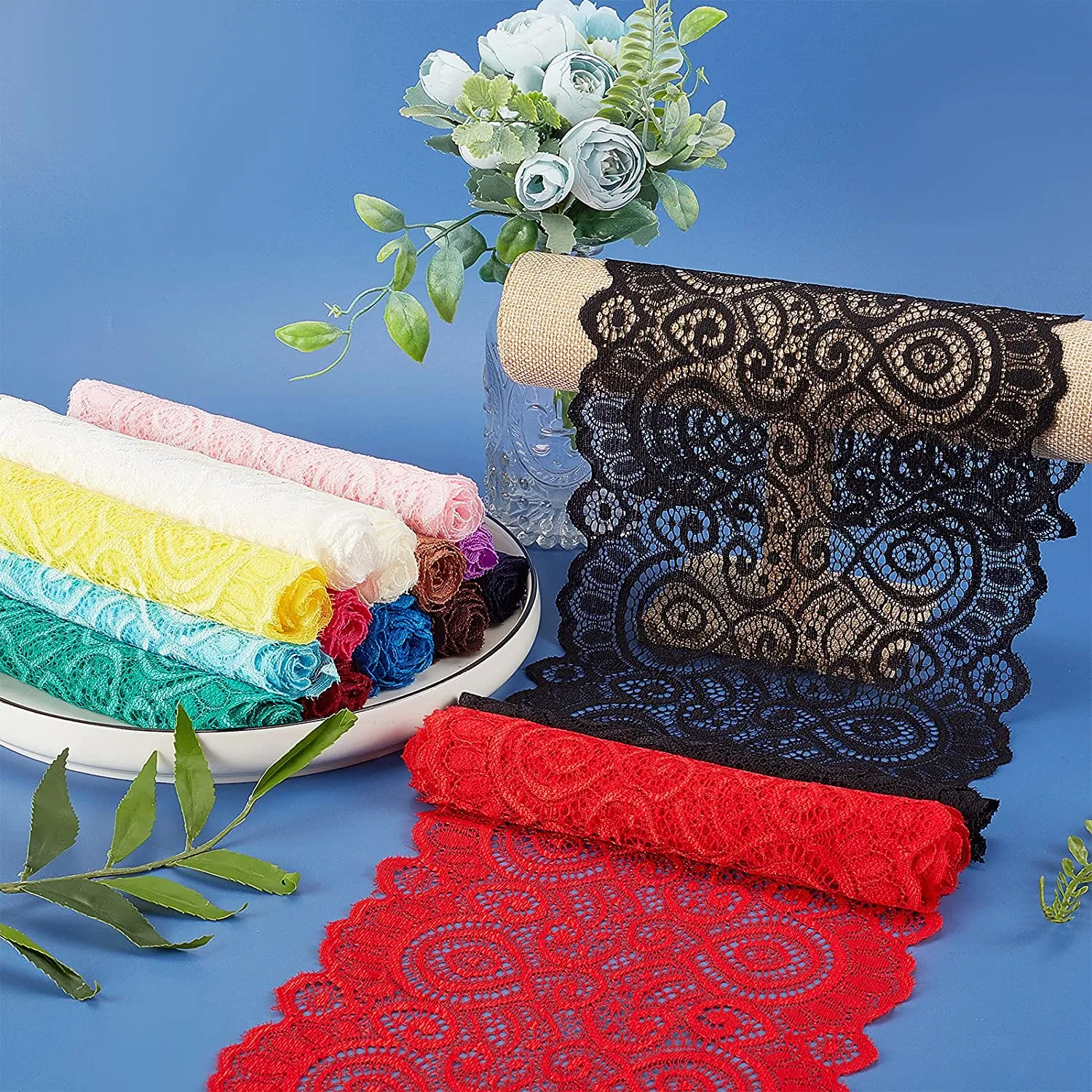35 Yards 6.8 Wide Fabric Lace Ribbon Elastic Lace Trim for Headbands Garters Wedding Bouquet Making - 15 Colors, 1 Yard Per Color