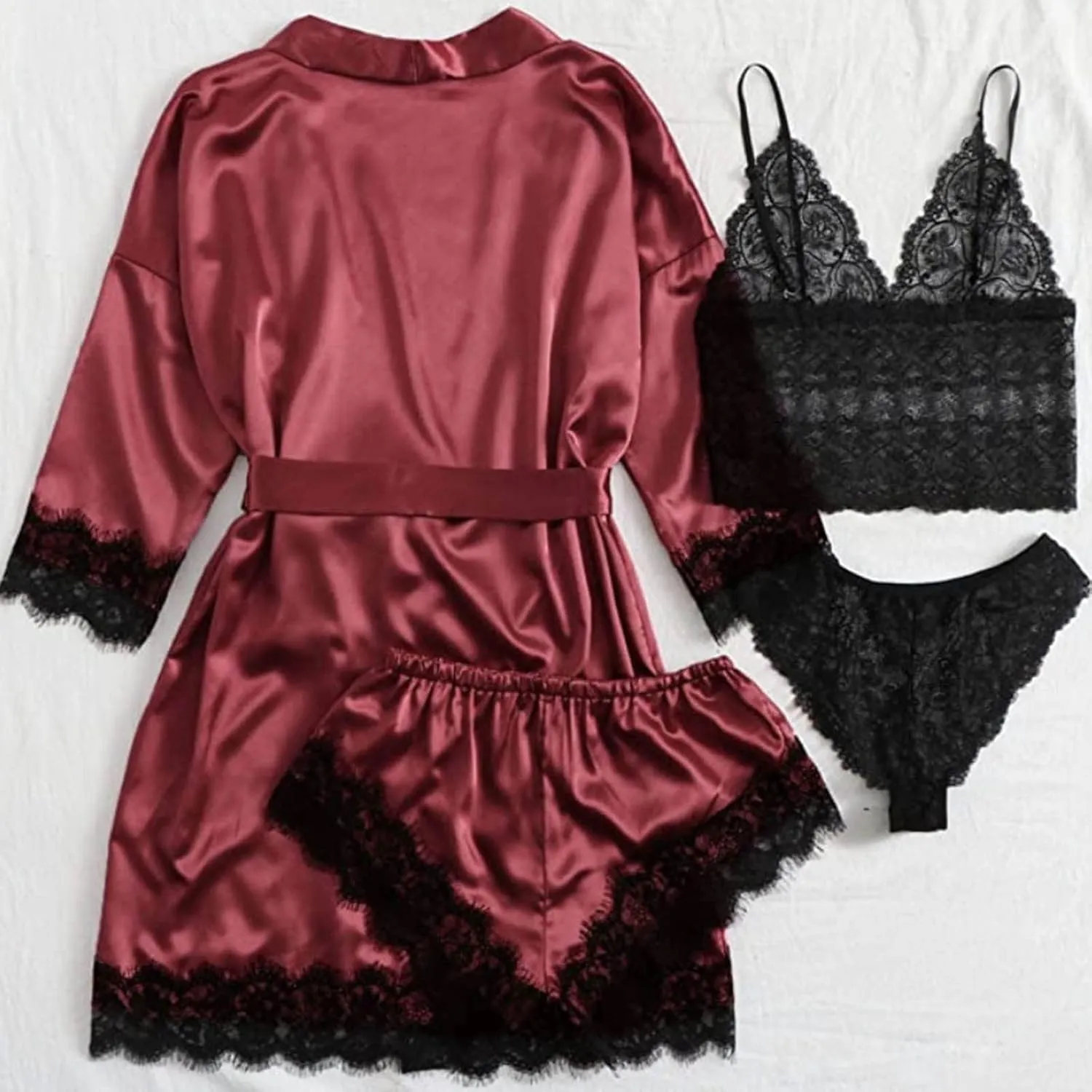 4PCS Silk Pajamas for Women Set Sexy Floral Lace Trim Babydoll Lingerie and Shorts Soft Loungewear Set with Robe