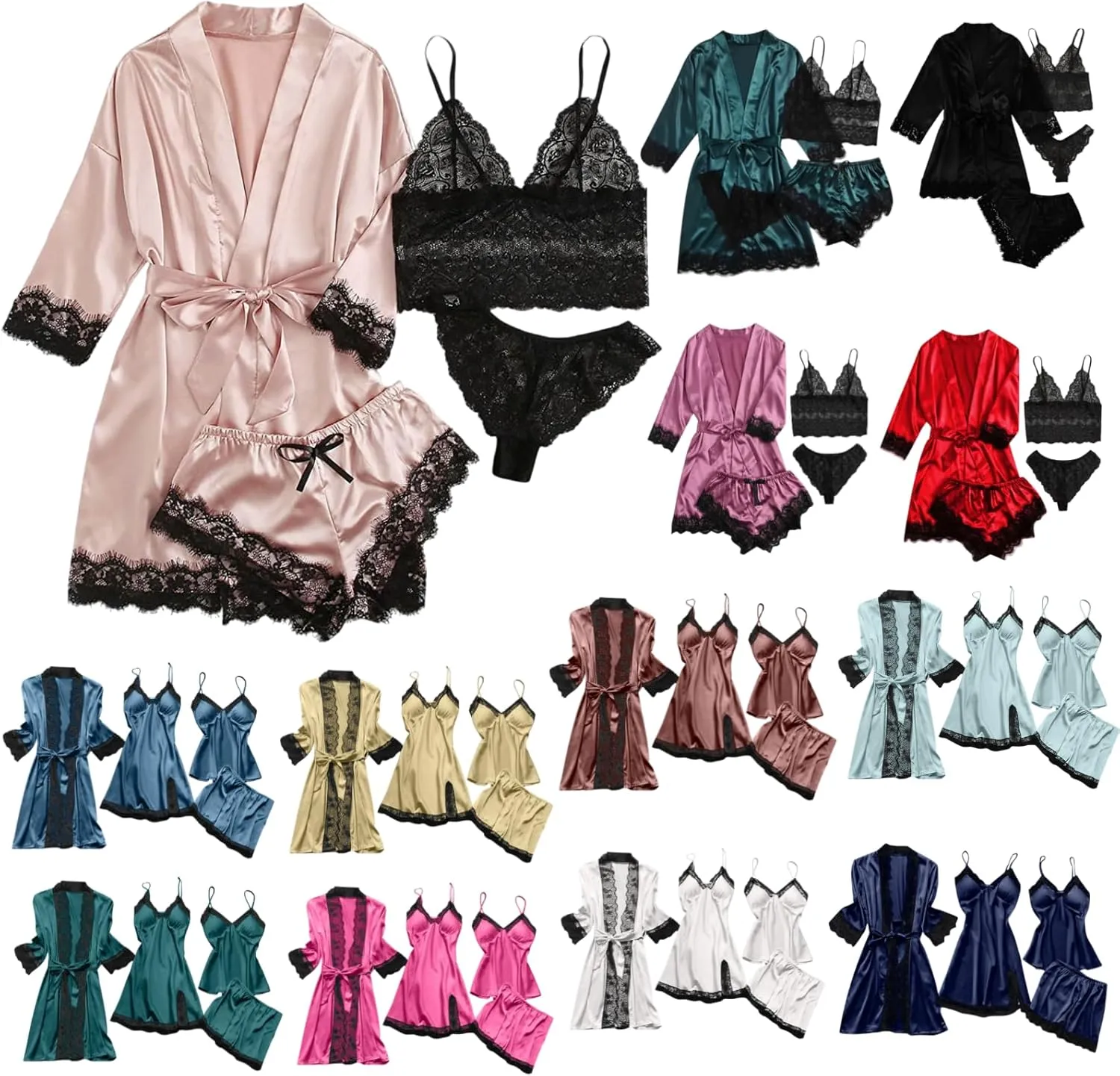 4PCS Silk Pajamas for Women Set Sexy Floral Lace Trim Babydoll Lingerie and Shorts Soft Loungewear Set with Robe