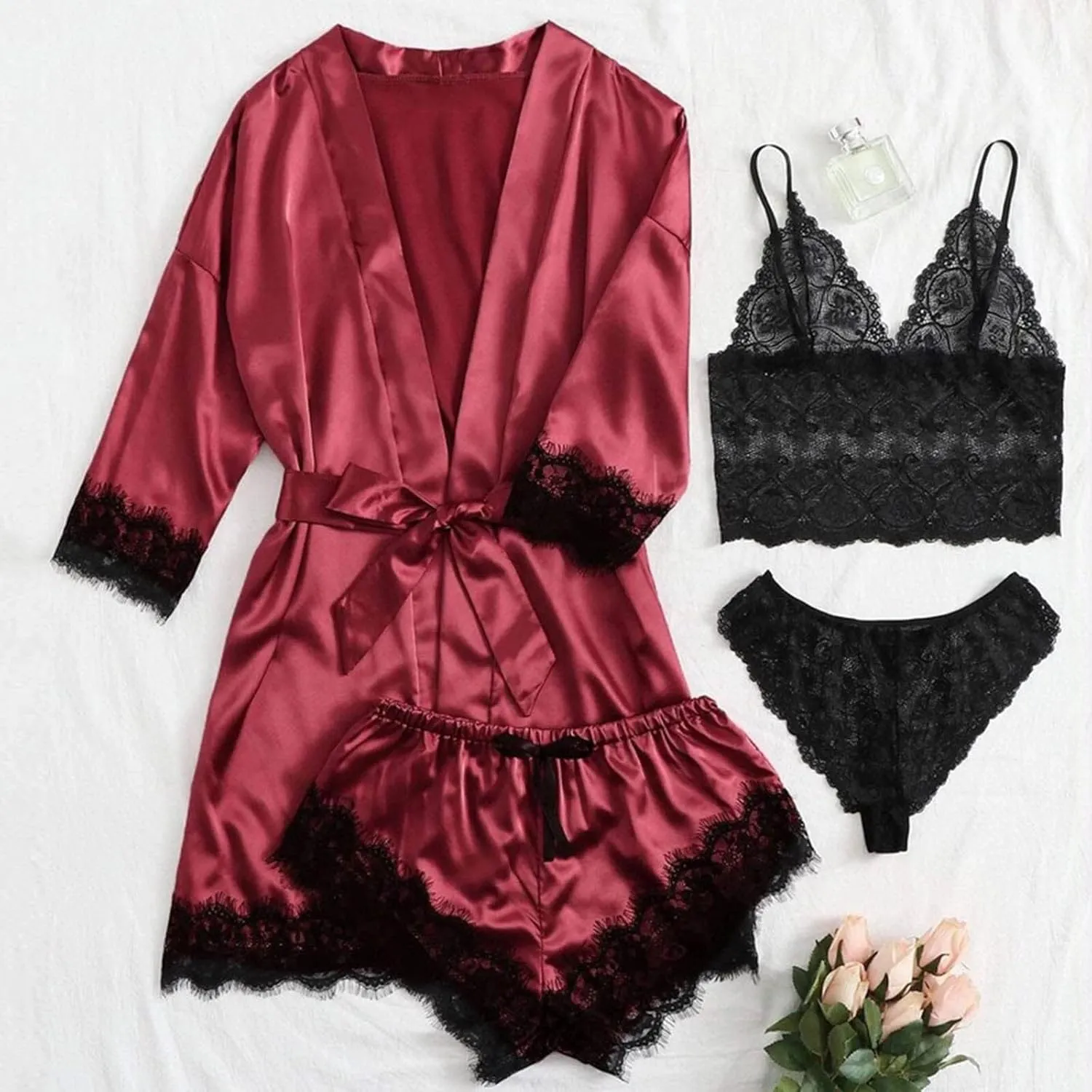4PCS Silk Pajamas for Women Set Sexy Floral Lace Trim Babydoll Lingerie and Shorts Soft Loungewear Set with Robe