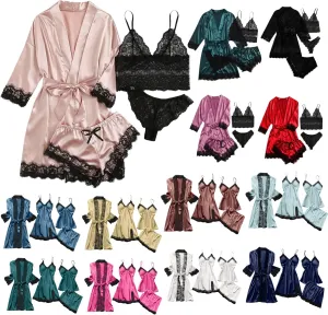 4PCS Silk Pajamas for Women Set Sexy Floral Lace Trim Babydoll Lingerie and Shorts Soft Loungewear Set with Robe