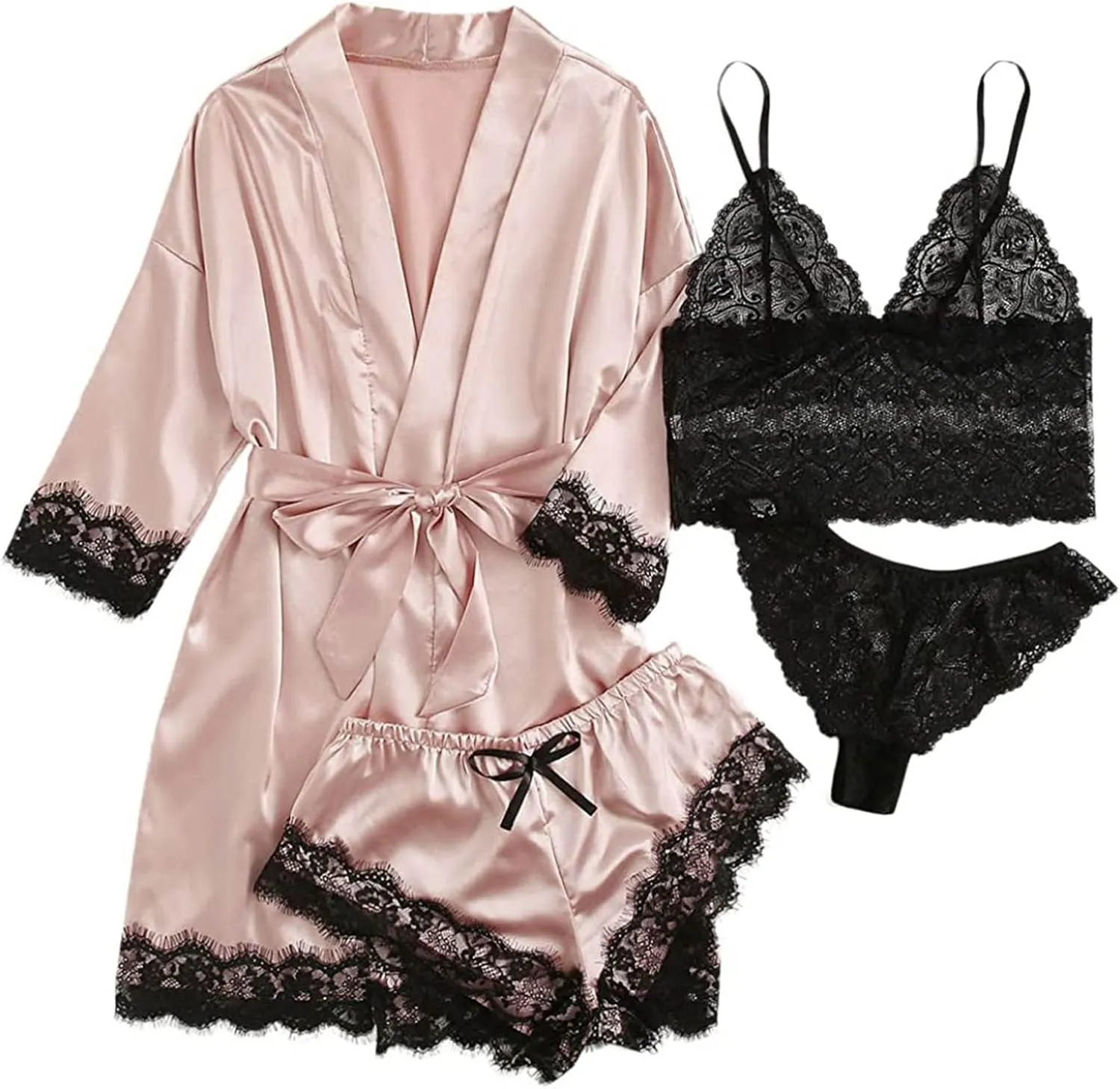 4PCS Silk Pajamas for Women Set Sexy Floral Lace Trim Babydoll Lingerie and Shorts Soft Loungewear Set with Robe