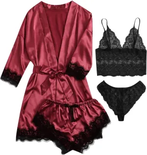 4PCS Silk Pajamas for Women Set Sexy Floral Lace Trim Babydoll Lingerie and Shorts Soft Loungewear Set with Robe