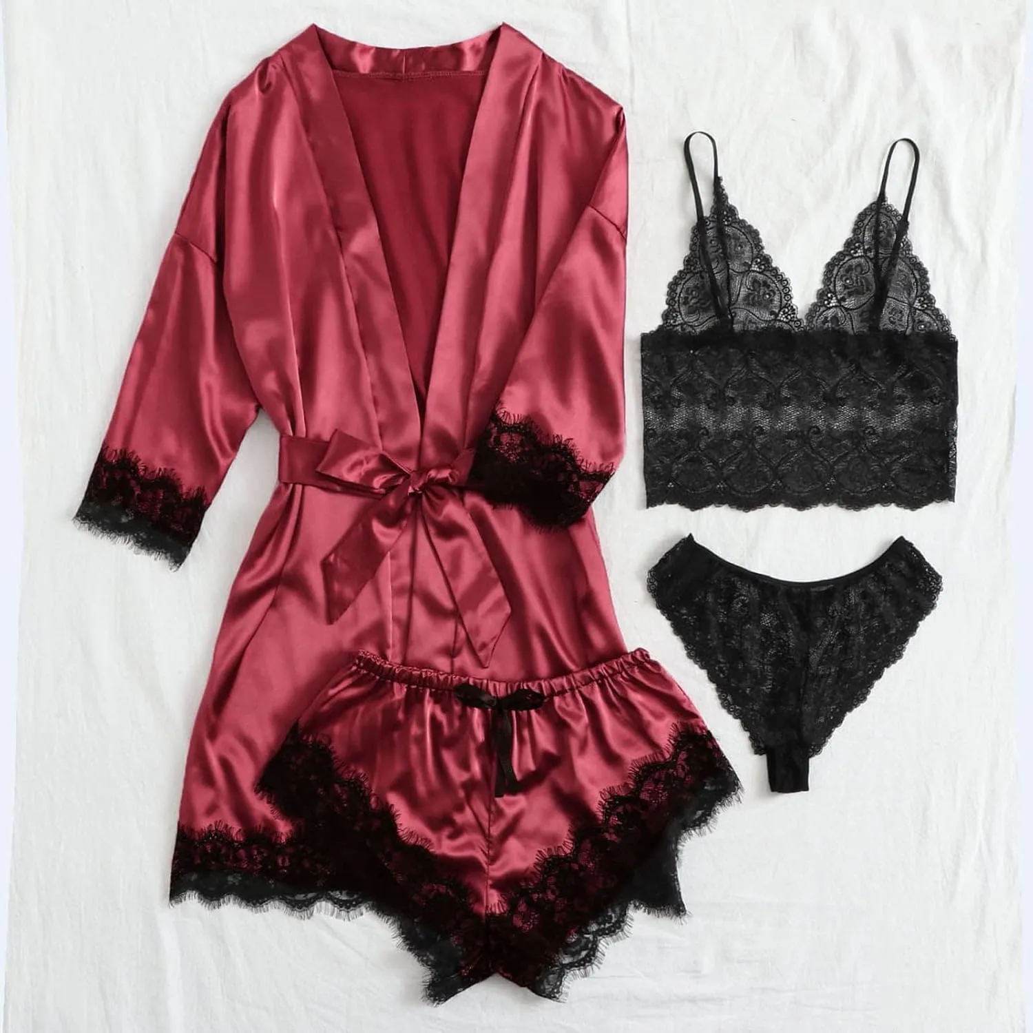 4PCS Silk Pajamas for Women Set Sexy Floral Lace Trim Babydoll Lingerie and Shorts Soft Loungewear Set with Robe