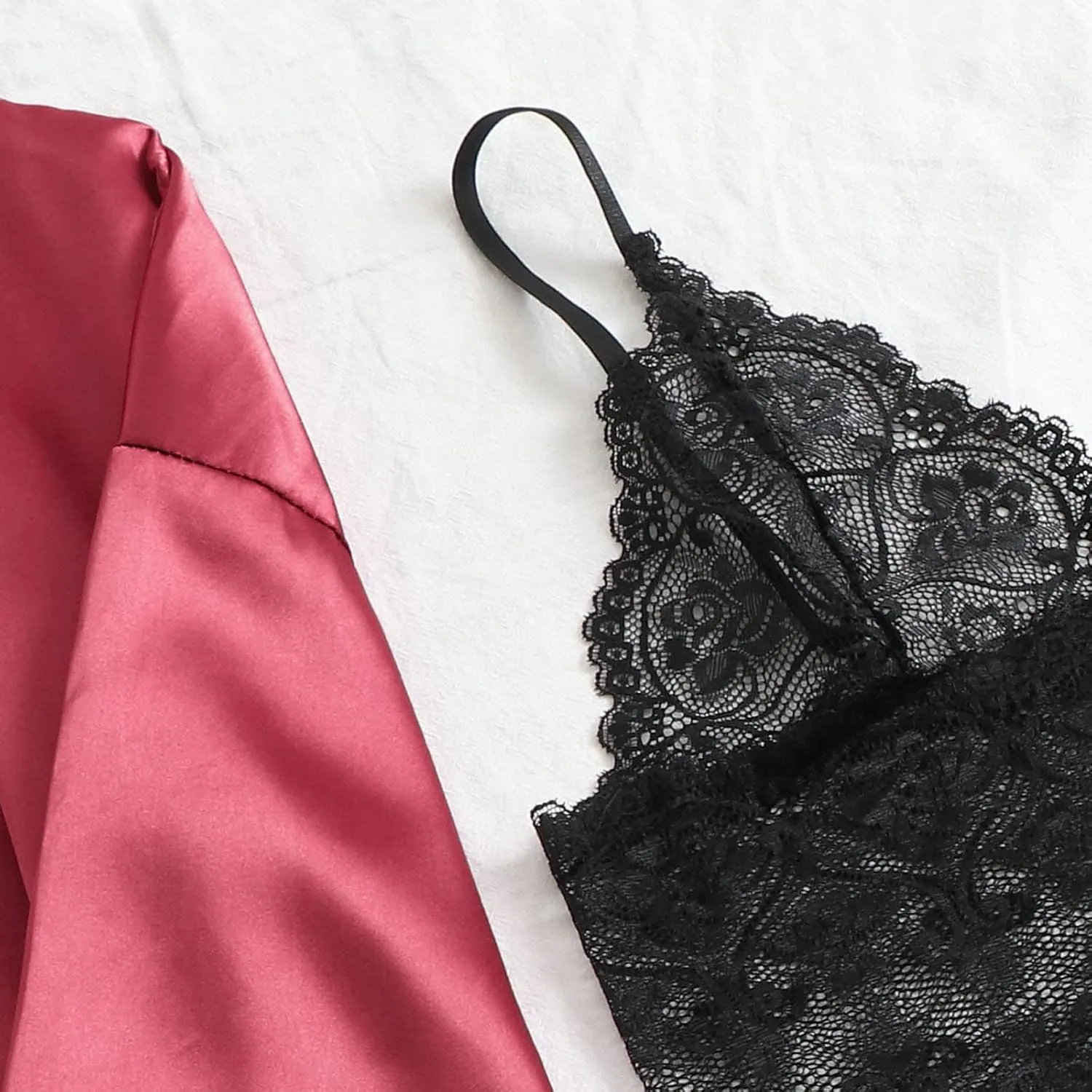 4PCS Silk Pajamas for Women Set Sexy Floral Lace Trim Babydoll Lingerie and Shorts Soft Loungewear Set with Robe