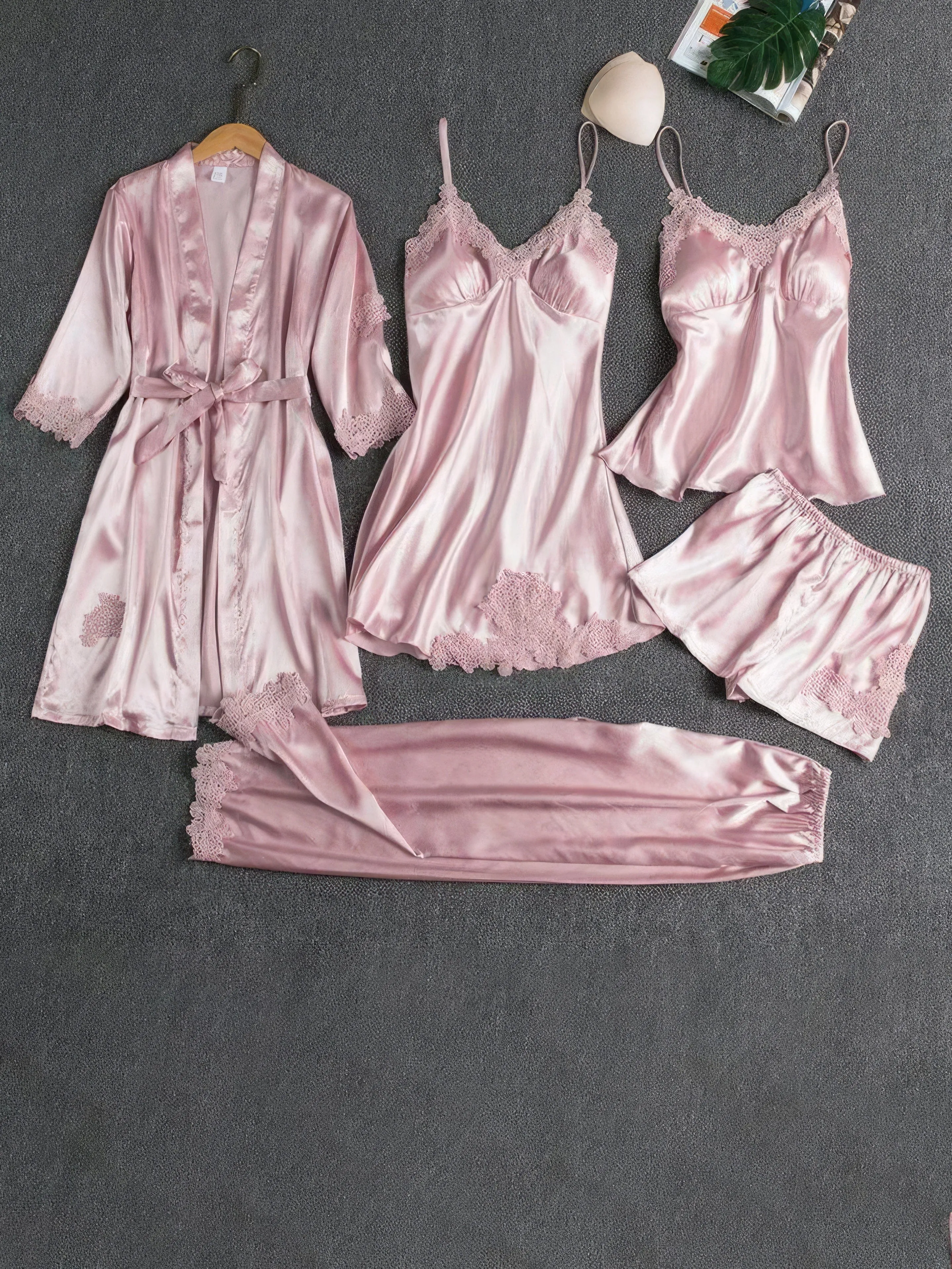 5-Piece Lace Trimmed Satin Sleepwear Set