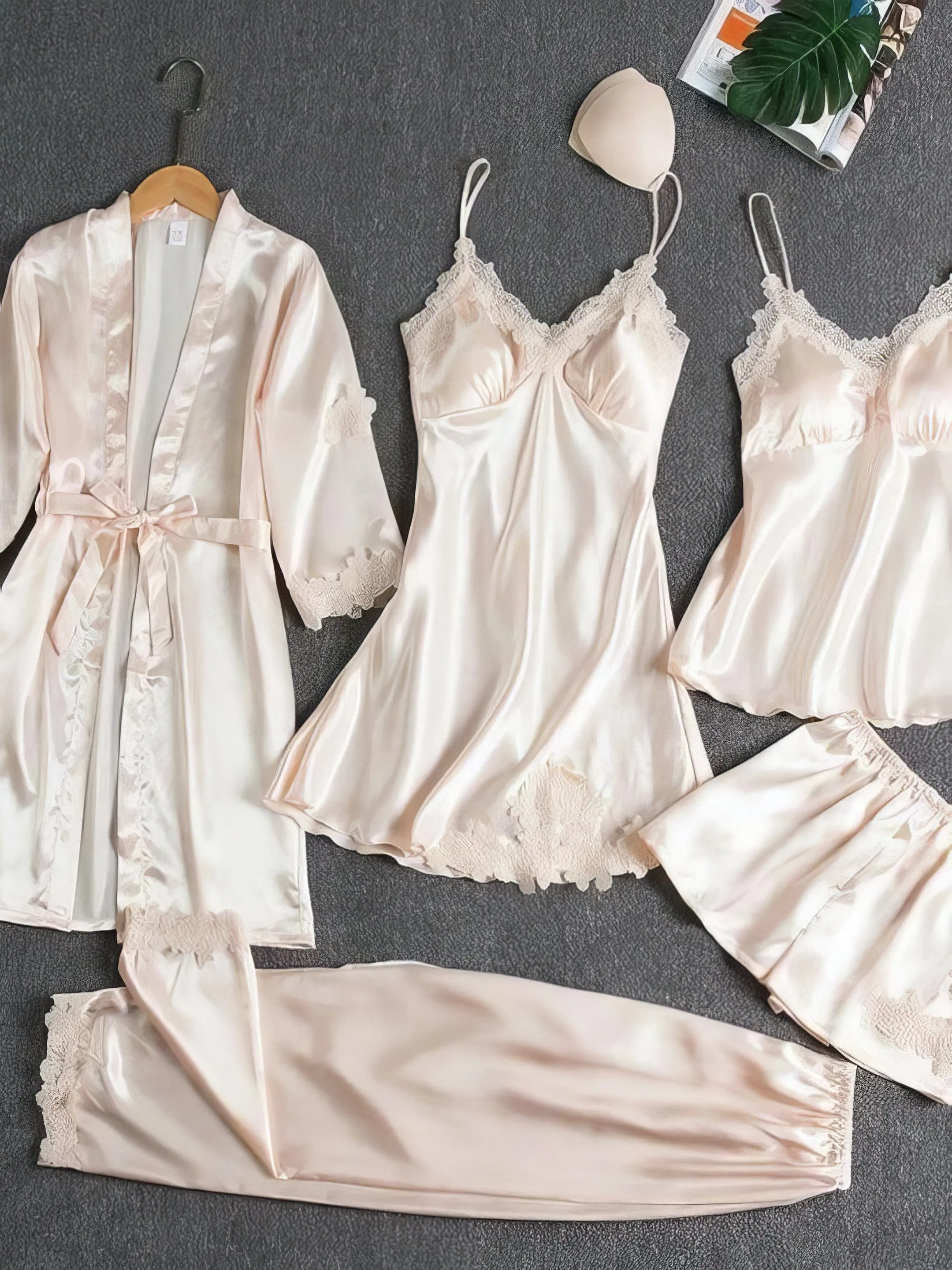 5-Piece Lace Trimmed Satin Sleepwear Set