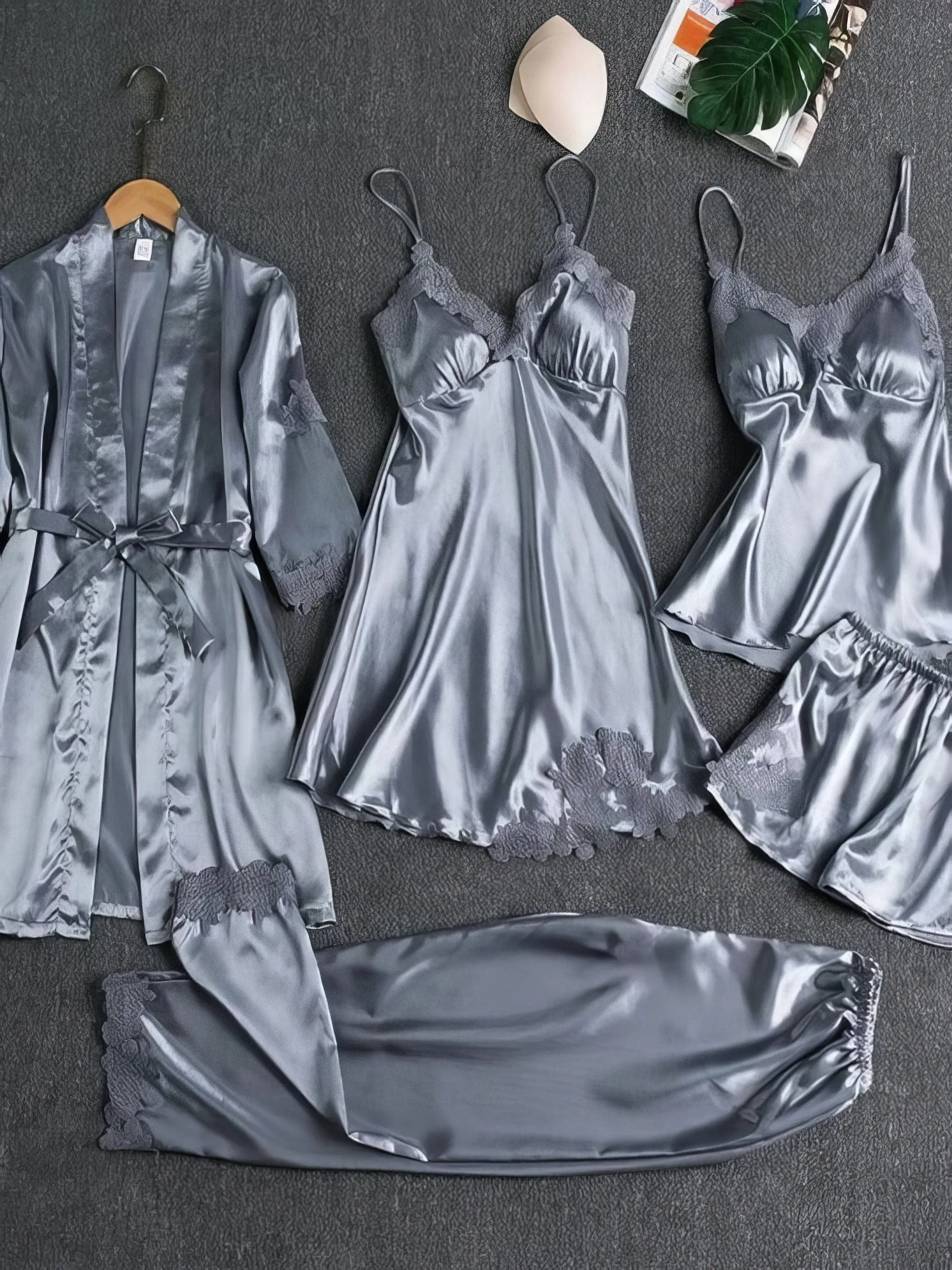 5-Piece Lace Trimmed Satin Sleepwear Set