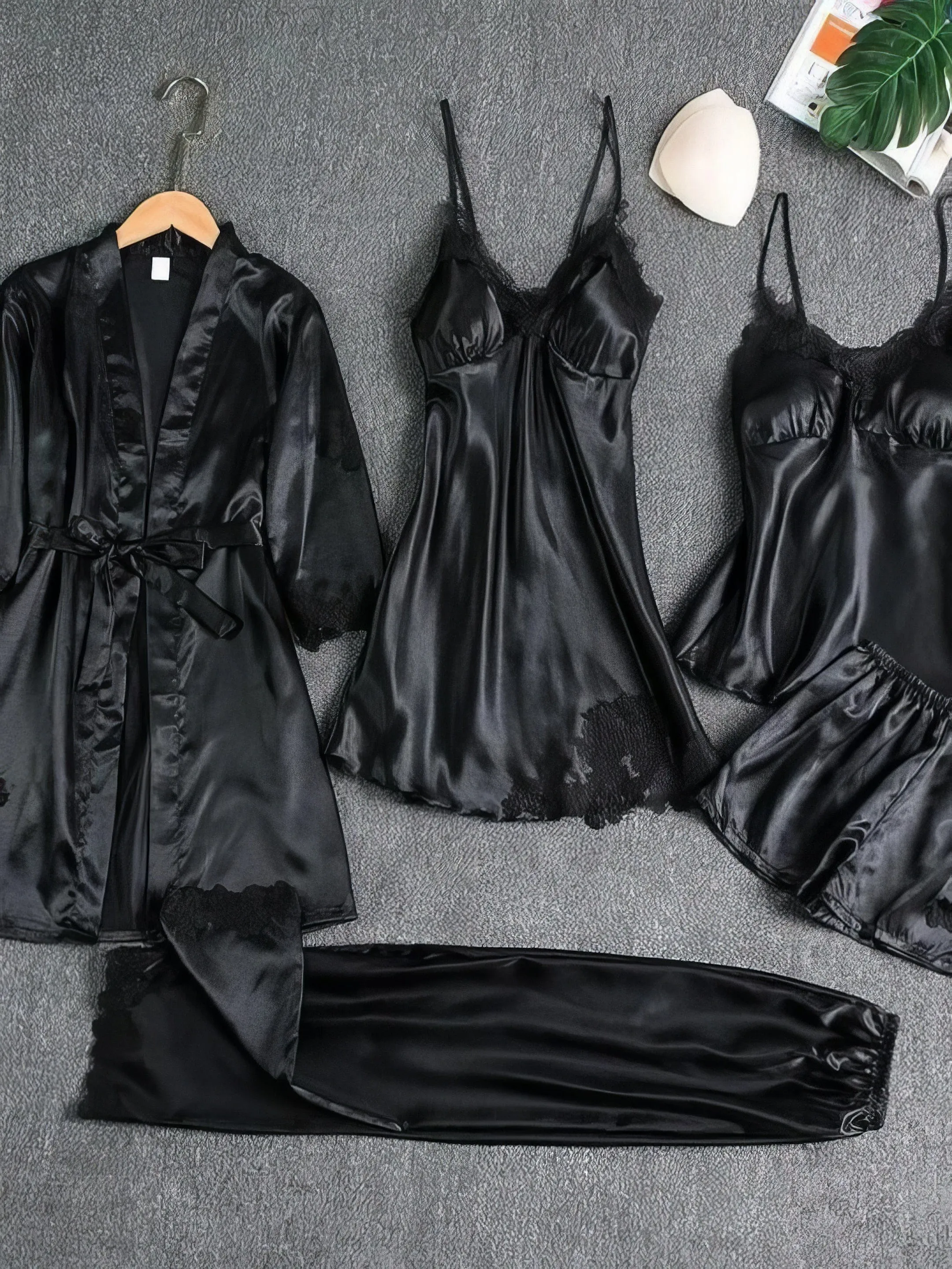 5-Piece Lace Trimmed Satin Sleepwear Set