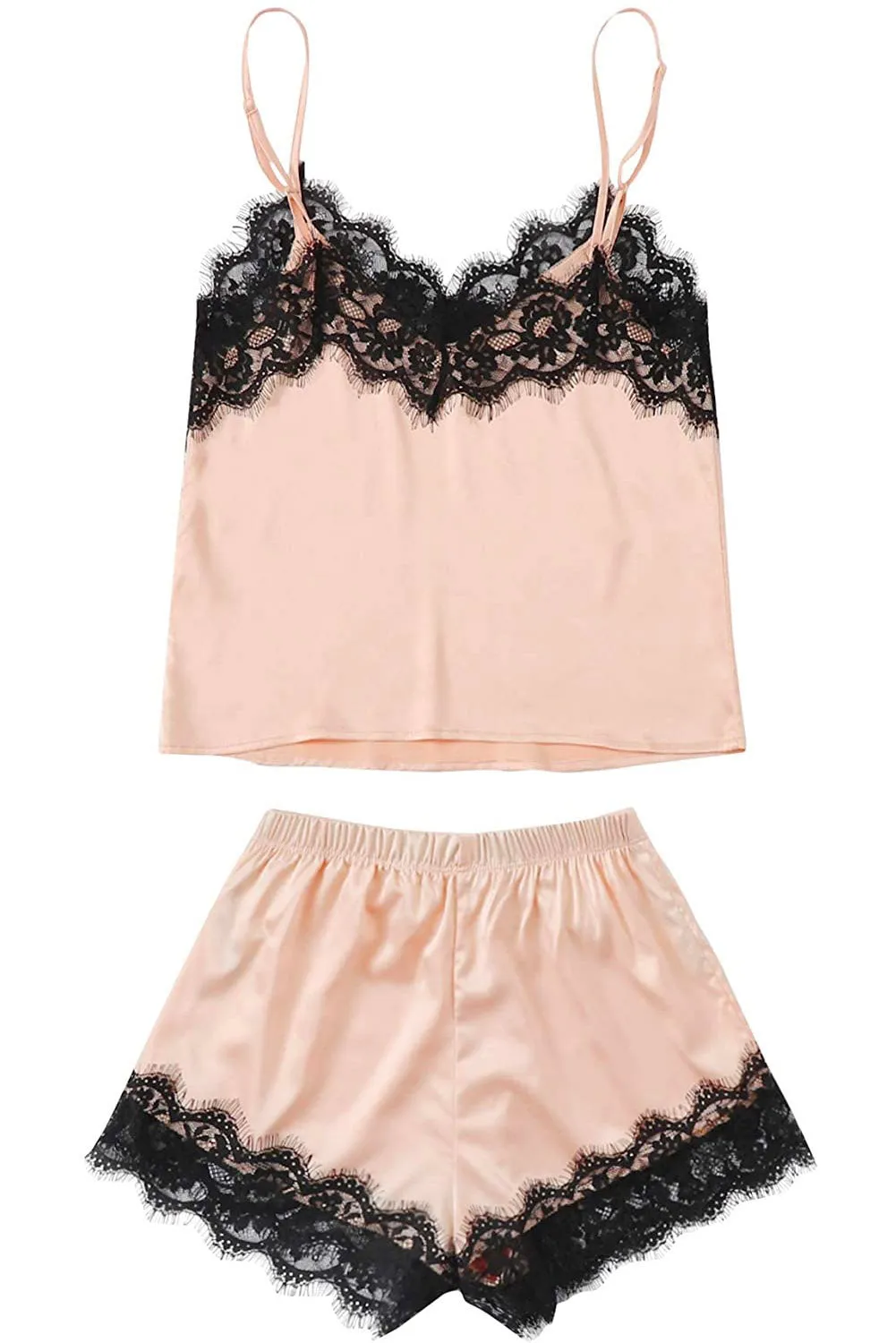 5 Piece Silk-Like Pajama Set with Lace